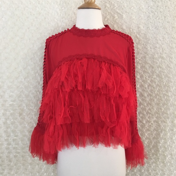 Impulsive Tops - Red Glamorous Chiffon Long Sleeve Blouse Size M